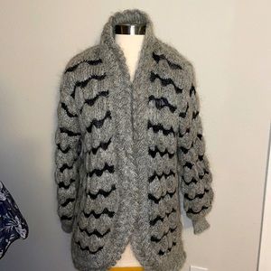 Mohair wool grey & black long line sweater chunky knit medium like new v…medium